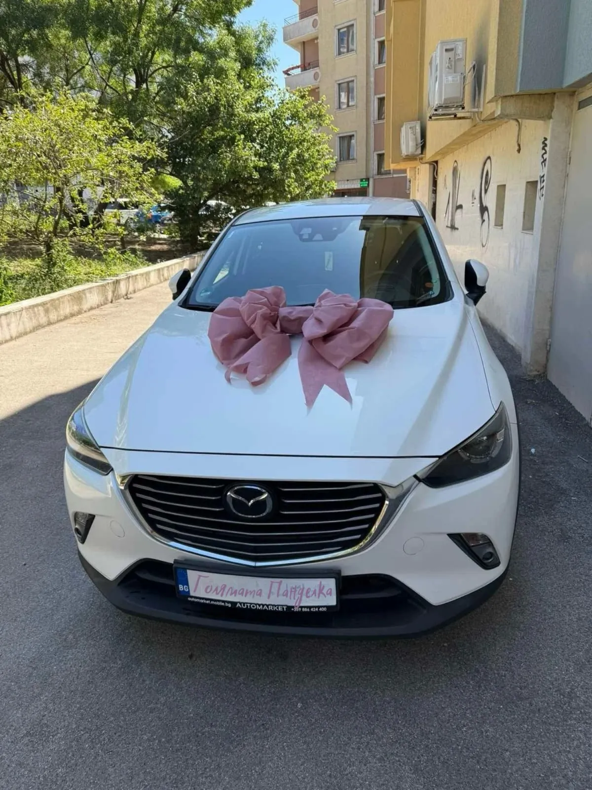 Бяла Mazda с панделка пепел от рози